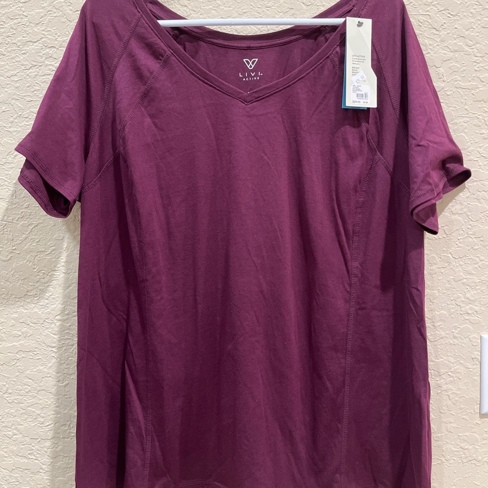 Livi Active Lane Bryant Womens V Neck Wicking Short Slv Shirt Maroon Wine 18/20